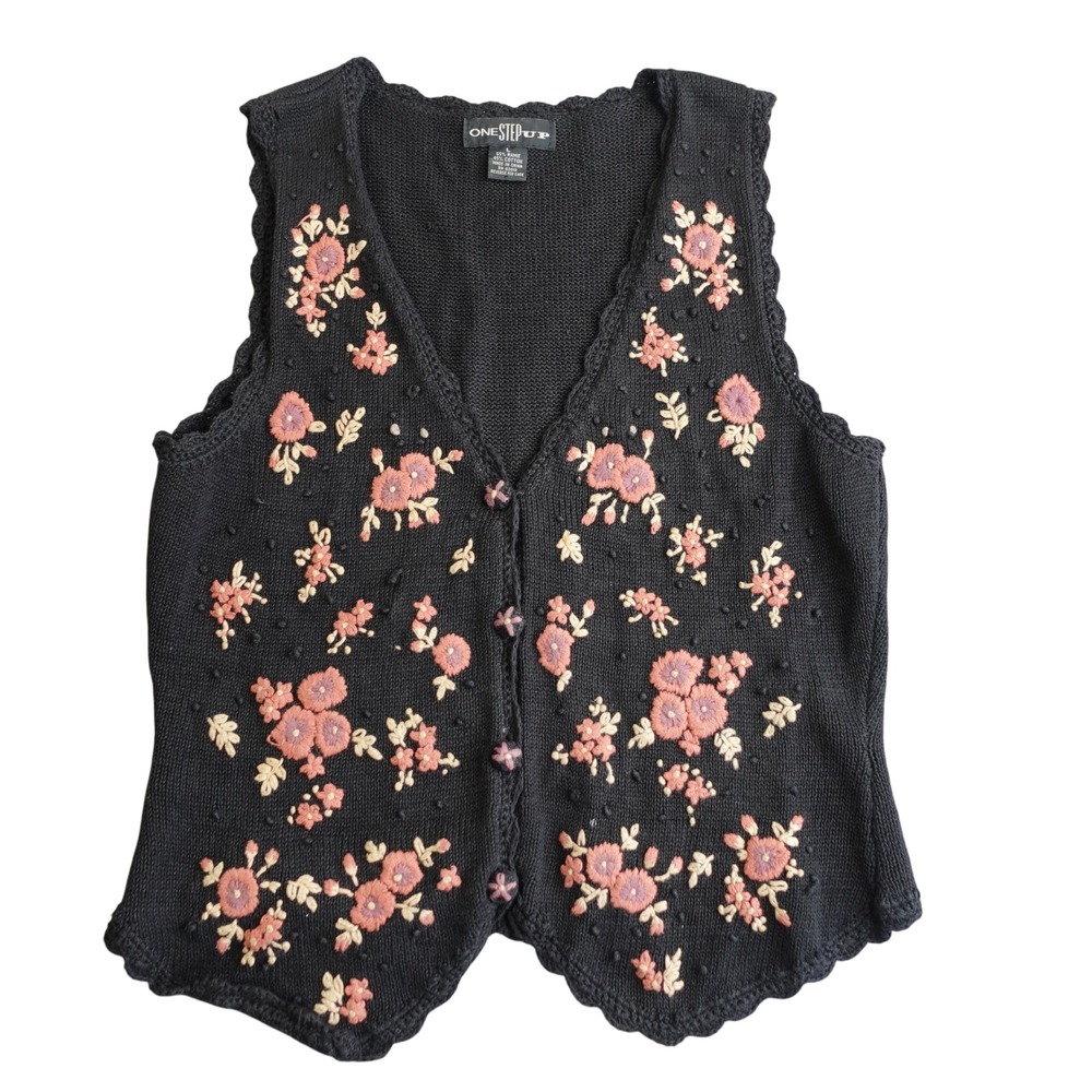 Vintage 90s Boho Cottage Floral Embroidered Sweater Vest Womens L Grannycore